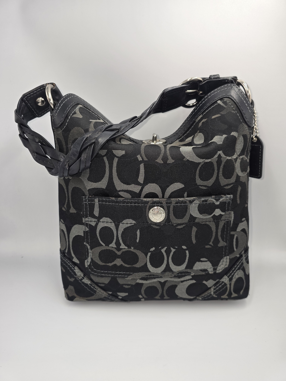COACH 10990 Chelsea Black & Grey Optic Signature Hobo Bag Braided Strap Y2K READ